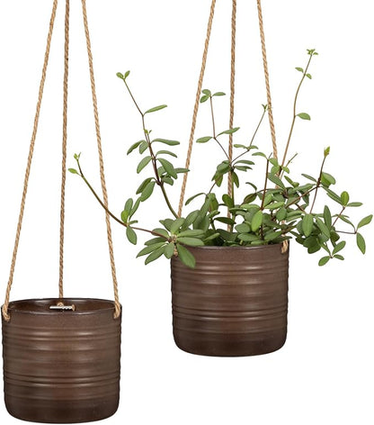 SCHEURICH Set of 2 Dark Oak Cottage Ceramic Hanging Plant Pot 6.5" - with 22" Sisal Rope Hanger - Waterproof&Break-Resistant, for Indoor&Outdoor Plants, Succulents&Flowers - Made in Germany - 0.7 gl