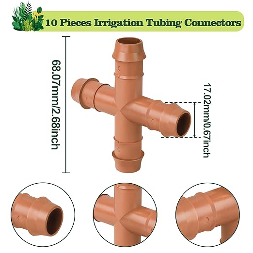 10 Pack 1/2 Inch Drip Irrigation Cross Fittings - 17mm 1/2'' Drip Line Barbed Cross Tee Connectors for 1/2 Inch Drip Irrigation Tubing (0.600'' ID) Irrigation Attachment Parts