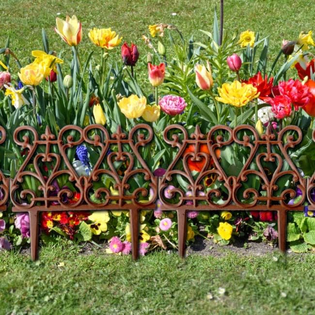 Bulk Pack of 12 Esschert Design Scroll Garden Fence Pieces, 11" H – Cast Iron Decorative Border Edging with Scroll & Finial Design, Rust Finish – Elegant Landscape or Flower Bed Fencing