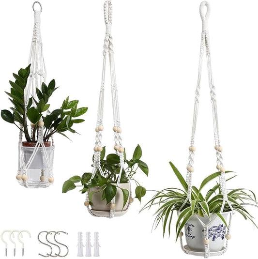 3 Pack Macrame Plant Hanger, Hanging Planters for Indoor Plants Holder With Wood Beads, No Tassels Hanging Plant Holder 3 Hooks, Different Size Boho Plant Hanger, Home Decor, Ivory (POTS NOT INCLUDED)