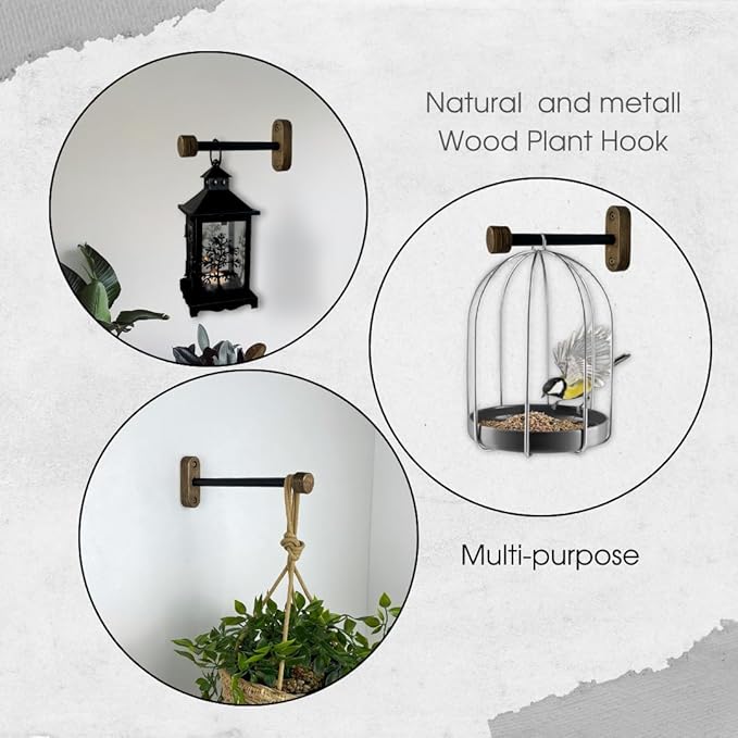 EvenWood 2-Piece Set of Wooden Plant Hooks for Wall with Sturdy Metal Tube - Plant Wall Hanger for Pots, Flower Brackets - Bracket Plant Hanger for Indoor and Outdoor Decorations (Walnut, 6 Inch)