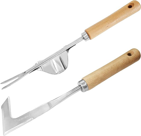 2PCS Garden Weeding Tool Set, Stainless Steel Weed Puller with Ergonomic Wood Handle, Heavy Duty Manual Hand Weeder Fork for Lawn, Farmland & Patio, Deep Root Removal Tool