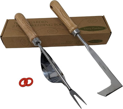 Weed Puller and Patio Paver Weeding Tool Set - Two Classic, Heavy Duty, Stainless Steel Weeding Tools with Beautiful Wooden Handles - by Truly Garden