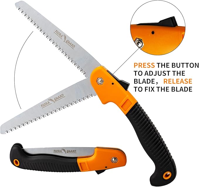 FLORA GUARD 7.7-Inch Folding Hand Saw, Pruning Saw with Trible-Cut Razor Teeth for Wood Cutting, Tree Trimming, Professional Camping Gardening Tools (Orange)