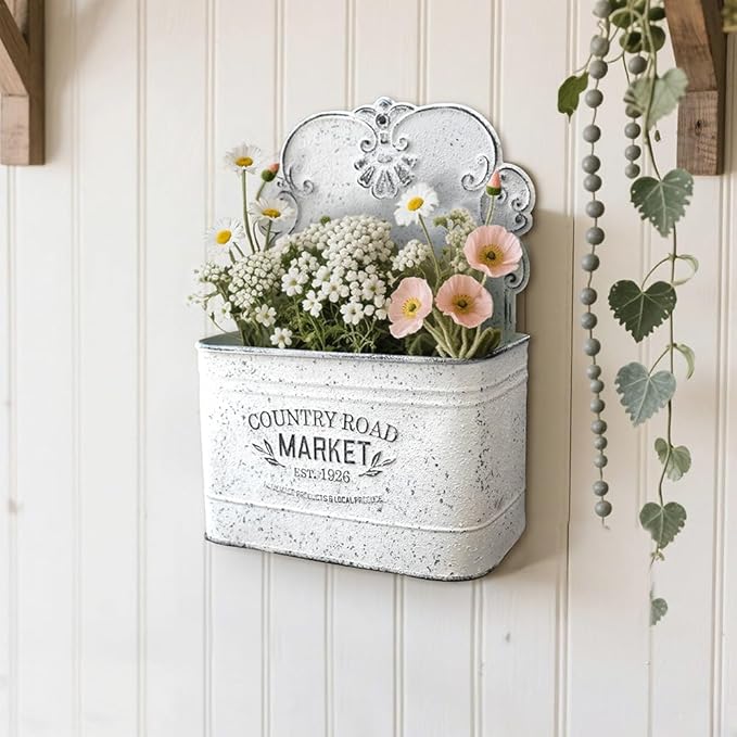 All Chic Set of 2 Metal Hanging Wall Planters Outdoor Indoor Mail Wall Mounted Planter Antique Shabby Chic Wall Decor (White)