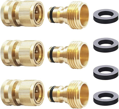 HQMPC Garden Hose Quick Connect Solid Brass Quick Connector Garden Hose Fitting Water Hose Connectors 3/4 inch GHT (3 SETS)