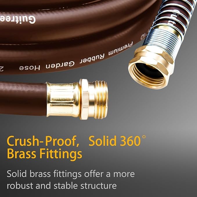 Garden Hose 25FT x 3/4", Heavy Duty Rubber Hose, Water Hose with Five Layered Braiding, Male to Female Fittings, 1000PSI Burst, 300PSI Working (Brown)