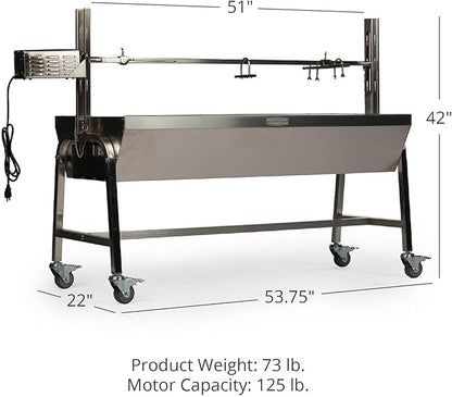 Ash & Ember 25W Stainless Steel BBQ Rotisserie Grill, 4 RPM Rotation Speed, Rated 125 LB for Large Game, Portable Electric Outdoor Roaster with Dual Prongs, Single Leg Bracket, and Spine Fork