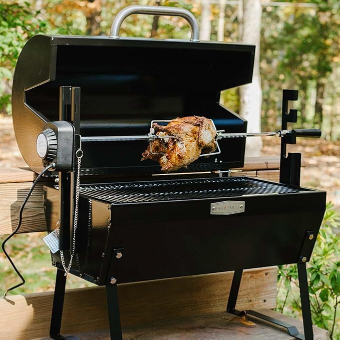Ash & Ember 4W Rotisserie Spit Roaster Grill, Rated 33 LB, Horizontal Adjustable Spit Rod for Outdoor Charcoal BBQ with Hood, Roast Chicken, Lamb, Pig, Beef