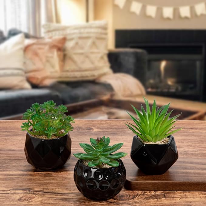 Briful Artificial Succulents Plants in Ceramic Pots, 3 Pack Faux Succulent Set with Black Geometric Planters – Modern Desk Decor for Home Office Shelf Bathroom, Small Fake Plants Potted