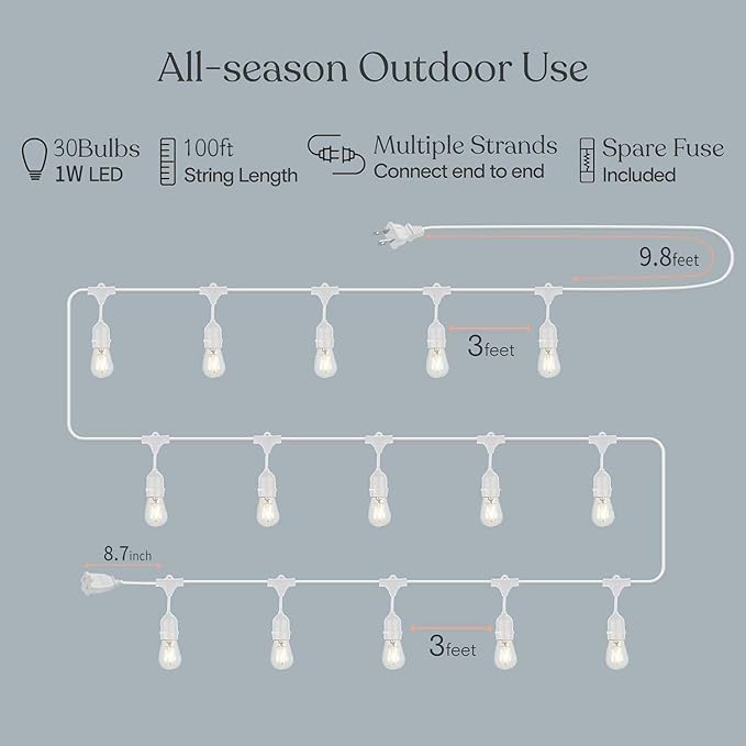 Outdoor String Lights LED White 100FT Patio Lights String with 32 1W Dimmable Shatterproof Bulbs for Wedding Pergola Gazebo Bistro Outdoor