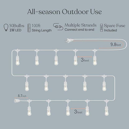 Outdoor String Lights LED White 100FT Patio Lights String with 32 1W Dimmable Shatterproof Bulbs for Wedding Pergola Gazebo Bistro Outdoor