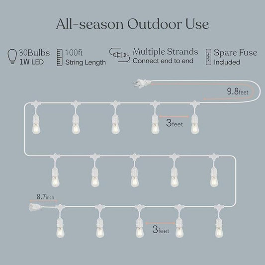Outdoor String Lights LED White 100FT Patio Lights String with 32 1W Dimmable Shatterproof Bulbs for Wedding Pergola Gazebo Bistro Outdoor