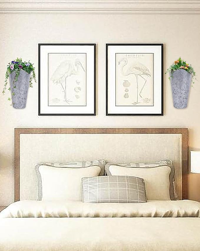 vensovo 12 Inches Galvanized Wall Planters - 2 Packs Metal Tin Vases for Flowers Indoors, Farmhouse Hanging Planter Tall Flower Holder for Country Decor Outdoors, Silver