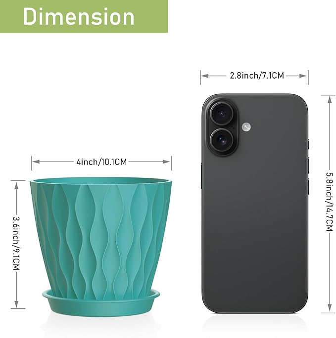 6 Pack 4 Inch Small Plant Pots with Saucers, Waffle Texture Plastic Planters with Drainage Holes for Indoor and Outdoor Plants, Flowers, Herbs, Succulents, and Seedlings, Blue