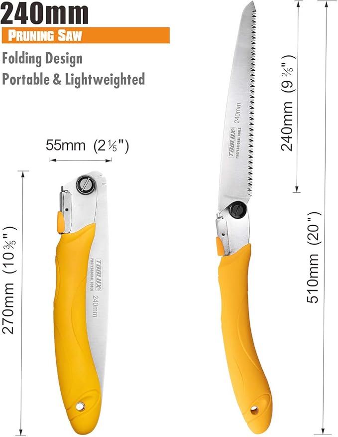 Toolux Folding Saw,9.45 Inch Hand Saws for Wood Camping, Dry Wood Pruning Saws With Hard Teeth, Quality SK-5 Steel Compact Design with Non-Slip Ergonomic Handle for Outdoor Use,Yellow