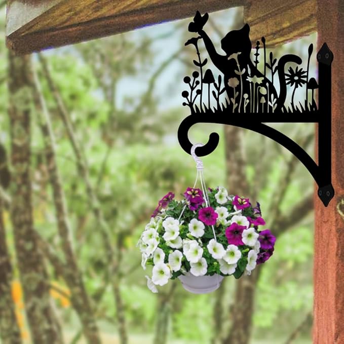 peacoblue Iron Plant Hangers Hooks for Outdoor Indoor Hanging Plants Flower Fern Pots Lantern Bird Feeder Wind Chimes, 12"x16" Cat and Flowers Weather Resistant Metal Wall Holder for Porch Farmhouse