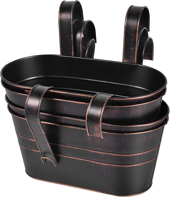 OBTANIM 4 Pack Metal Hanging Flower Pots Iron Railing Planter Outdoor Fence Hanging Pots Bucket Plant Holder with Detachable Hooks Drain Holes for Home Garden Yard Decor (Black)
