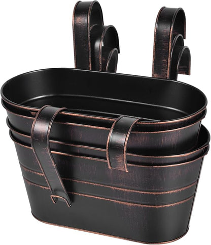 OBTANIM 4 Pack Metal Hanging Flower Pots Iron Railing Planter Outdoor Fence Hanging Pots Bucket Plant Holder with Detachable Hooks Drain Holes for Home Garden Yard Decor (Black)