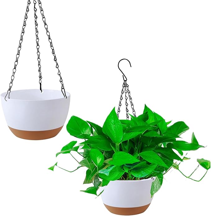 2 Pack 10 Inch Hanging Planters for Indoor Outdoor Plants, Plastic Hanging Basket Flower Plant Pots, Plant Self Watering Pot with Drainage Holes and Saucers for Garden Home (White)