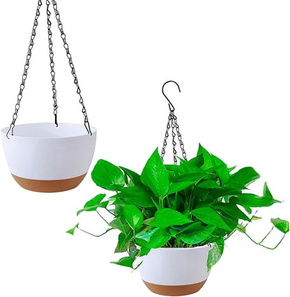 2 Pack 10 Inch Hanging Planters for Indoor Outdoor Plants, Plastic Hanging Basket Flower Plant Pots, Plant Self Watering Pot with Drainage Holes and Saucers for Garden Home (White)