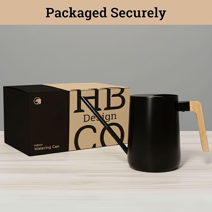 35 Ounce Metal Small Indoor Watering Can with Long Spout & Real Wood Handle for House Plants, Succulents, Cacti & Seedlings - Black Long Spout Watering Can Indoor Plants - Gentle Flow & No Spills