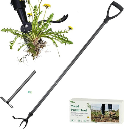 Weed Puller Tool, 2-in-1 Stand Up Weeder with 4-Claw Head & Rake, No Tools Required Assembly, Gets Rid of Weeds & Roots Permanently for a Pristine Lawn