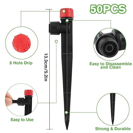 50PCS Drip Irrigation Emitters, Kalolary Adjustable 360 Degree Water Flow Drippers Emitters for 1/4" Drip Irrigation System Tubing, Garden Irrigation Drippers for House Garden Flower beds(Red)