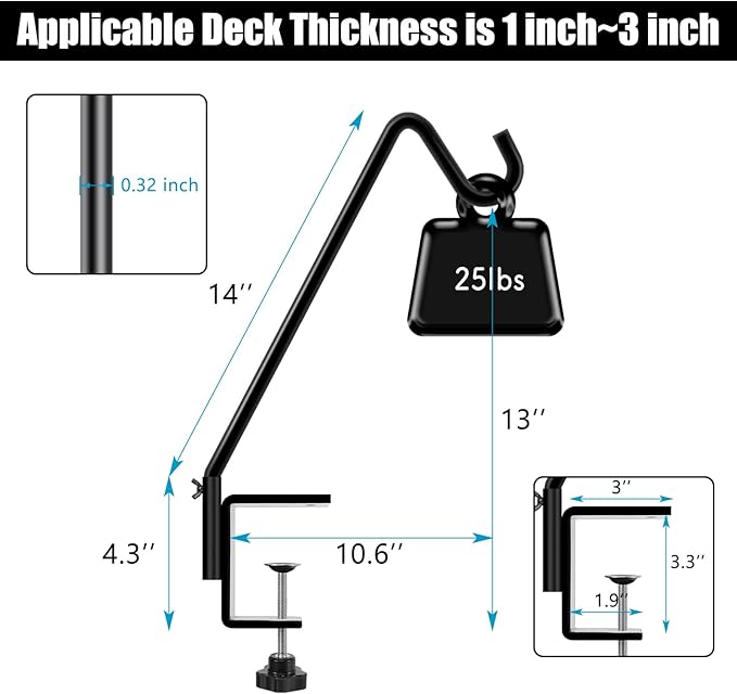 FEED GARDEN 2 Pack 14 Inch Deck Hook, Deck Bird Feeder Hanger, Applicable Deck Thickness 1 Inch-3 Inch
