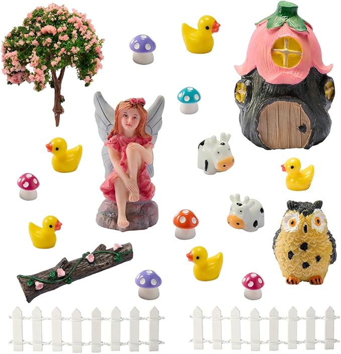 20Pcs Outdoor Miniature Fairy Garden Accessories Kit with Fairy House & Mini Resin Animals - Miniature Garden Decor Gifts for DIY Micro-Enthusiasts