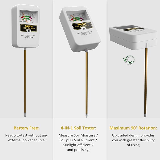 SONKIR Soil Moisture Meter, 4-in-1 Soil Ph Meter, Soil Tester for Nutrients, Moisture, PH and Light, Soil Ph Test Kits for Plant, Great for Garden, Lawn, Indoor & Outdoor Use (No Battery Required)