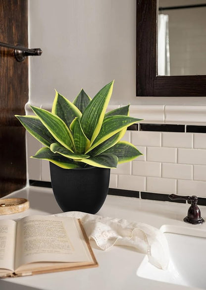 Hollyone Artificial Snake Plants 9" Faux Agave Succulent Plant Potted in Black Pot Fake Sansevieria Aloe Tropical Plant for Desk Modern Office Home Bathroom Indoor Outdoor Decor