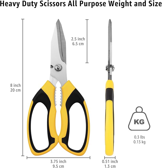Utility Scissors Heavy Duty: 8-Inch sharp Scissors All Purpose heavy duty, Serrated Blades Cut Carpet, Cardboard, Wire, Leather, Fabric, Multipurpose Shears for Kitchen, Garden, Office, Craft