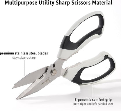 8-Inch Utility Scissors All Purpose Heavy Duty, Serrated Blade, White Comfort Grip for Cutting Carpet, Cardboard, Leather, Fabric, Multipurpose Sharp Shears for Kitchen, Garden, Office, Carft