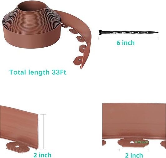 Landscape Edging Coil 66 FT, 4 Inch Tall Garden Edging Border Flexible Lawn Edging Kit with 60 Spikes, Plastic Edging for Landscaping Flower Beds Yard Pathway Paver Edging (4IN x 66FT, Brown)