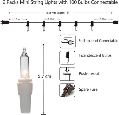 Vigdur 2 Packs 13ft 50 Multi-Color Christmas Lights on White Wire Cord, UL Approved Connectable Outdoor String Lights for Xmas Patio Home Party Garden Decor(Multicolor)