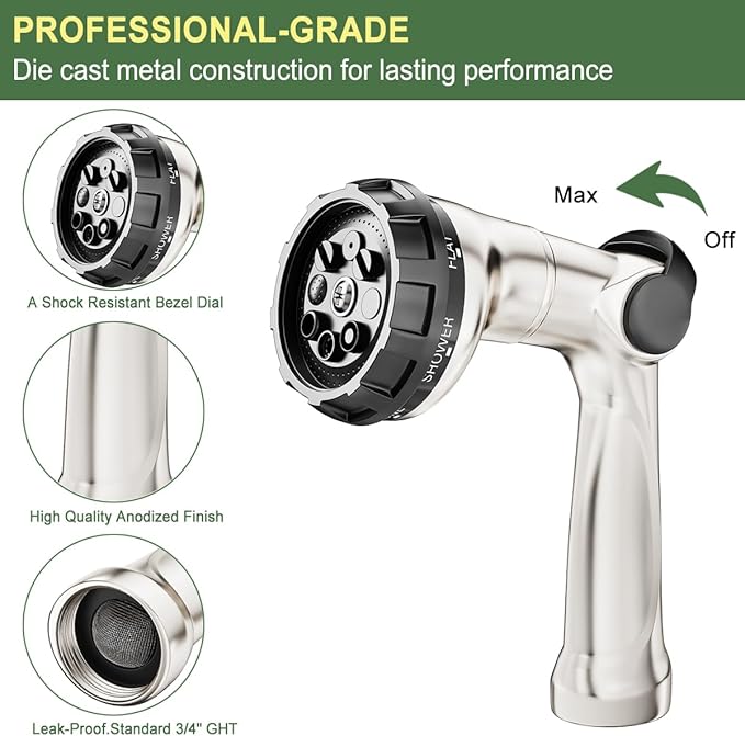 FANHAO Professional Heavy Duty Garden Hose Nozzle, 100% Metal Thumb Control Water Hose Sprayer with 8 Spray Patterns, High Pressure Water Nozzle for Lawn & Plant Watering, Car & Pet Washing