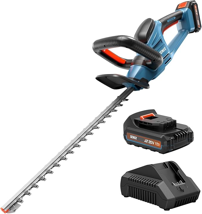 SENIX X2 20 Volt Max* 18-Inch Battery Powered Cordless Hedge Trimmer, Brushless Motor, Double-Sided Dual Action Blades, 3/4" Cutting Capacity, Includes Blade Cover, 2.5 Ah Battery & Charger (HTX2-M)
