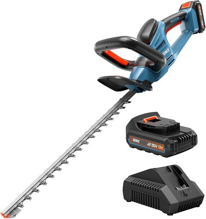 SENIX X2 20 Volt Max* 18-Inch Battery Powered Cordless Hedge Trimmer, Brushless Motor, Double-Sided Dual Action Blades, 3/4" Cutting Capacity, Includes Blade Cover, 2.5 Ah Battery & Charger (HTX2-M)