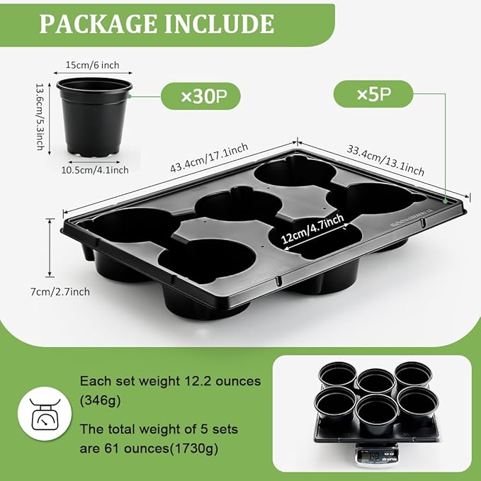 6 Inch Plastic Plant Pots 30 Pack and 6 Cell Nursery Pots Trays 5 Pack, Sturdy Seeds Starting Germination Shuttle Carrying Trays, Black Nursery Planting Propagation 5 Sets