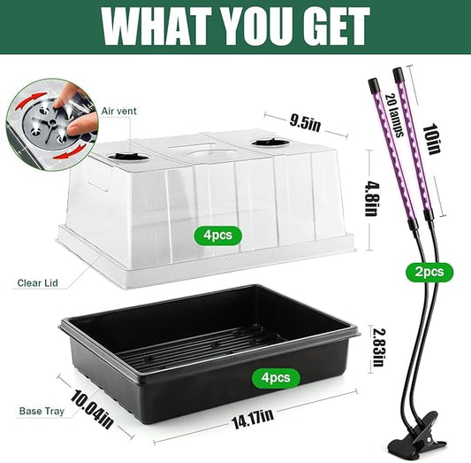 Seed Starter Tray with Grow Lights – 4 Pack Seedling Trays with 5" Humidity Domes & 4 LED Light Heads, Adjustable Timer, Full Spectrum for Indoor Germination, Herbs, Vegetables, Flowers