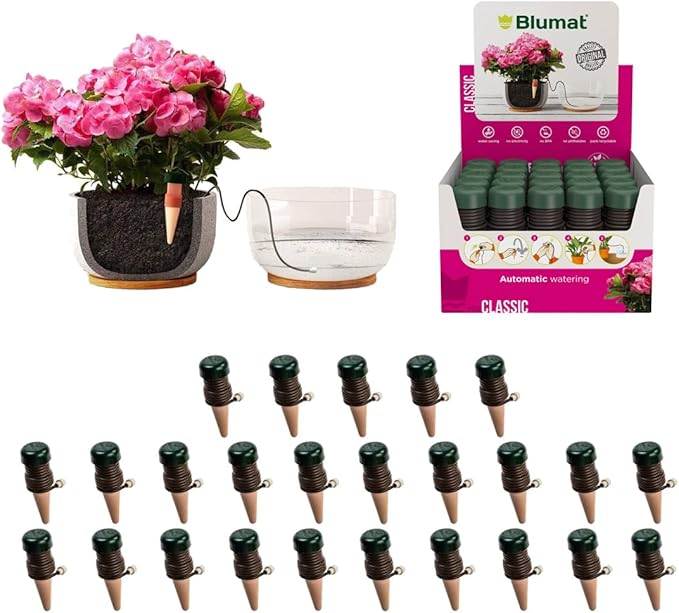 Blumat Classic Self-Watering Stakes - Automatic Drip Irrigation System for Indoor Plant Watering & Outdoor - Water Drip Solution for Potted Plants - Slow Release Stakes, 25 Pack, wo Adapter