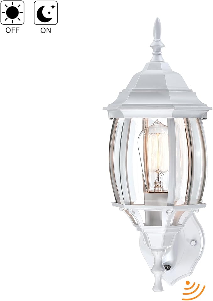 16.8 Inch White Outdoor Wall Lights Dusk to Dawn, Outside Wall Sconce for House White Dusk to Dawn Sensor Outdoor Light for Front Door Porch Sconce with Vintage Design,E26