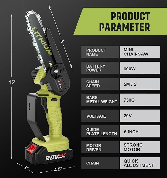 Mini Chainsaw Crodless, 6-Inch Small Chainsaw Electric Chain Saws with 2 Batteries Powered, Super Handheld Protable Saws For Tree Cutting, Tree Branches, Courtyard and Garden Tool