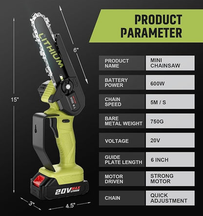 Mini Chainsaw Crodless, 6-Inch Small Chainsaw Electric Chain Saws with 2 Batteries Powered, Super Handheld Protable Saws For Tree Cutting, Tree Branches, Courtyard and Garden Tool