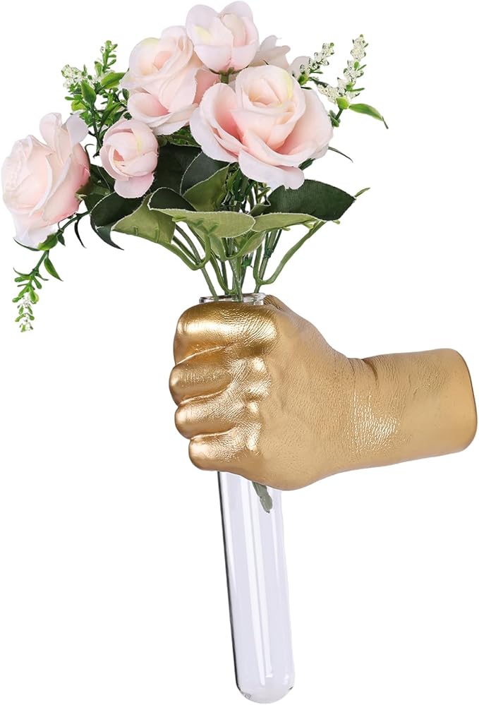 Gold Hand Vase, Wall Mounted Decor - Hanging Statue for Living Rooms & Entrance, Funky Art Sculpture Planter, Esculturas de Pared, Macetas Decorativas, Flower Tubes, Test Tubes for Plants