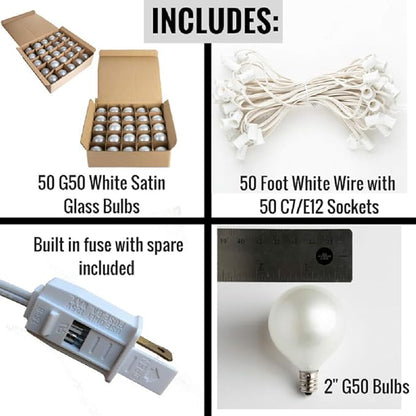 Hometown Evolution, Inc. 50 Foot Outdoor Globe Patio String Lights - Set of 50 G50 White Pearl 2 Inch Bulbs with White Cord