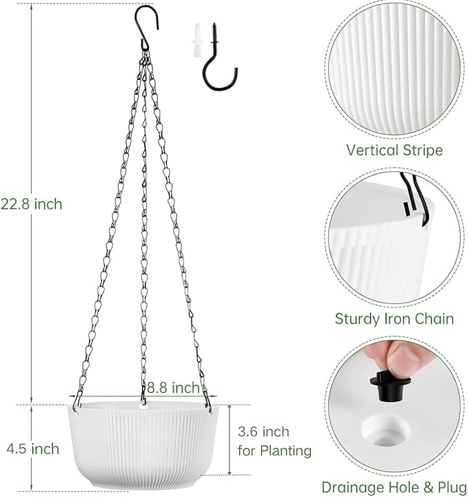 Set of 2 White 8.8 Inch Hanging Planters for Indoor Outdoor Plants, Self Watering Hanging Baskets Flower Pots with Drainage Hole & Plug