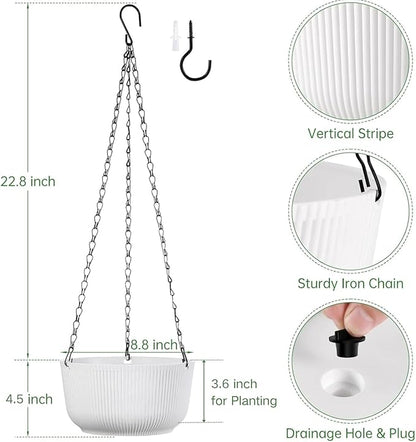 Set of 2 White 8.8 Inch Hanging Planters for Indoor Outdoor Plants, Self Watering Hanging Baskets Flower Pots with Drainage Hole & Plug