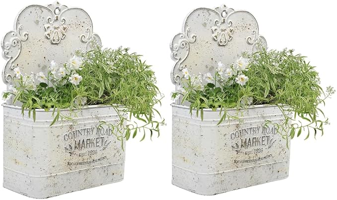All Chic Set of 2 Metal Hanging Wall Planters Outdoor Indoor Mail Wall Mounted Planter Antique Shabby Chic Wall Decor (White Gold)
